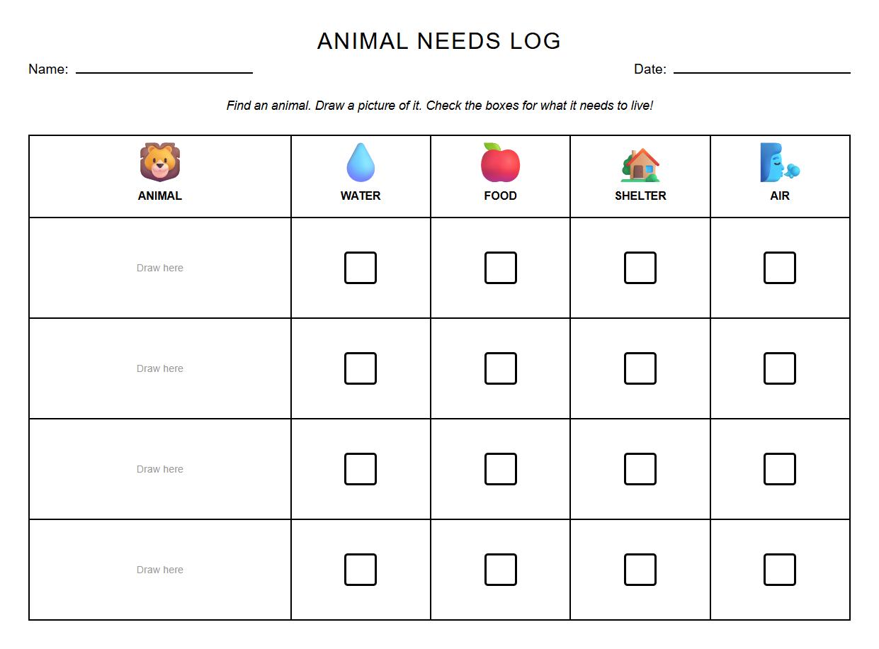 Animal Needs Observation Log with Simple Checkboxes