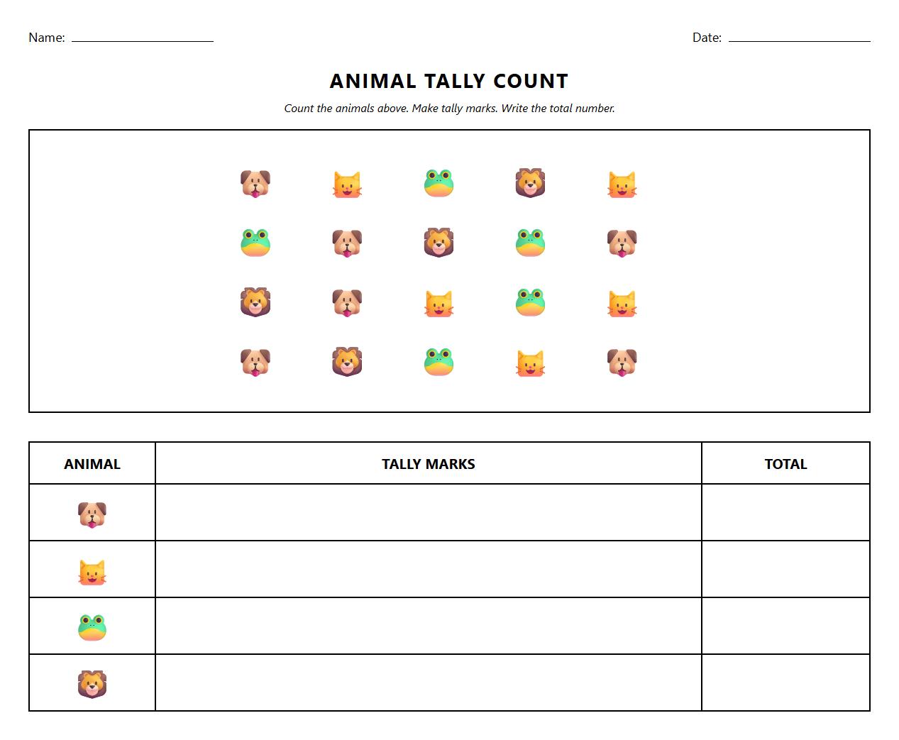 Animal Picture Sorting Tally Chart Worksheet