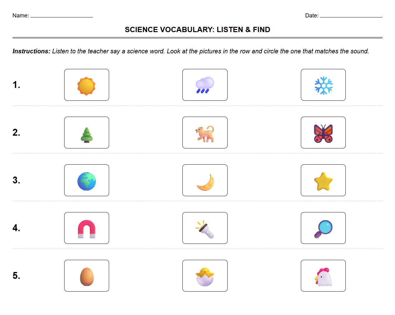 Auditory Discrimination Vocabulary Worksheet