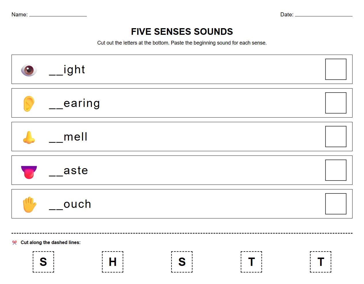Beginning sounds cut and paste worksheets featuring five senses words