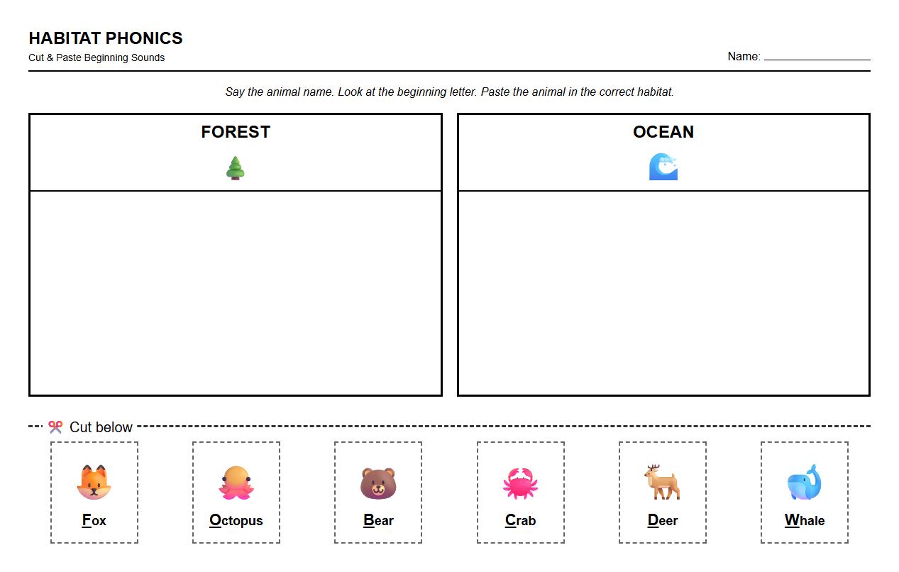 Beginning Sounds Phonics Cut and Paste Habitat Activity