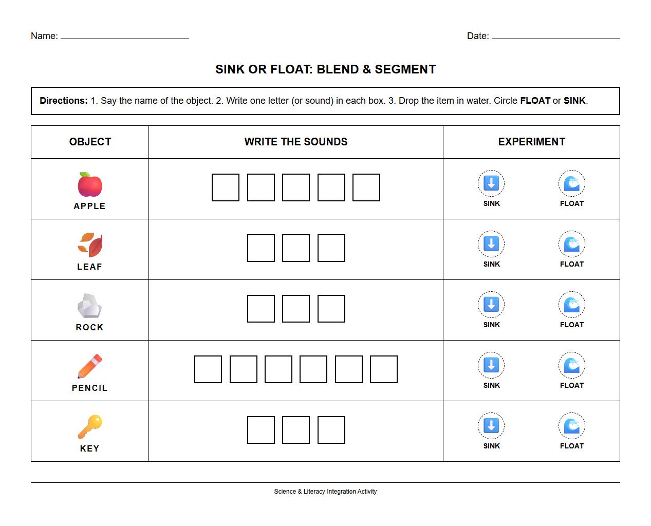 Blending and Segmenting Letters in Sink or Float Experiment Worksheet