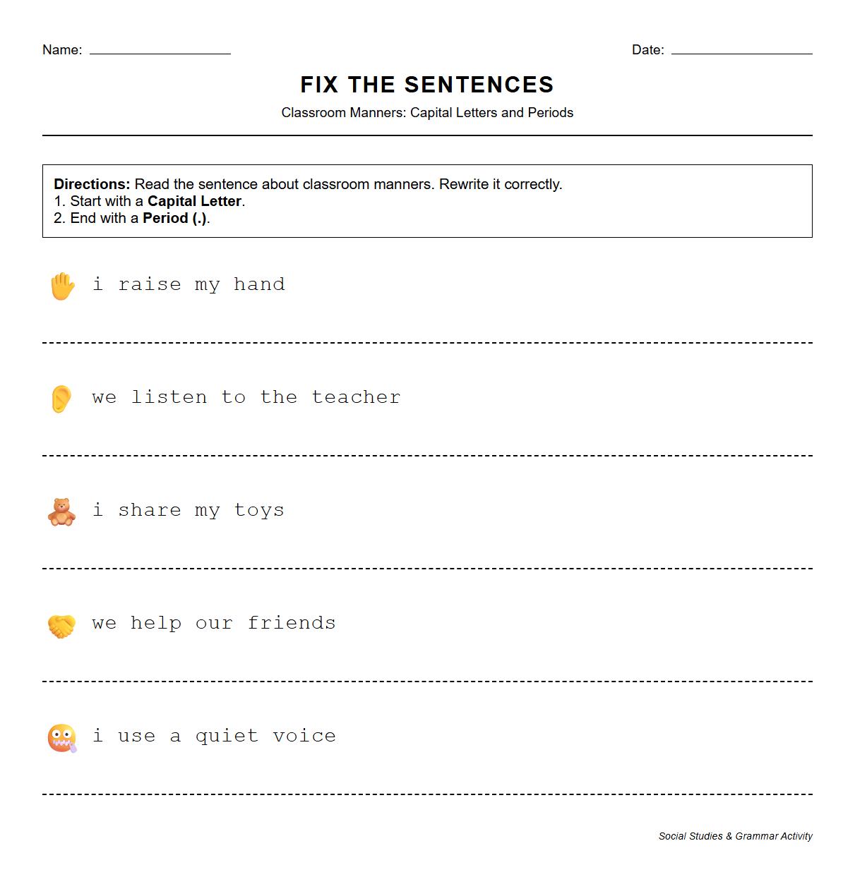 Capitalization and Punctuation Focused Sentence Activity using Classroom Manners