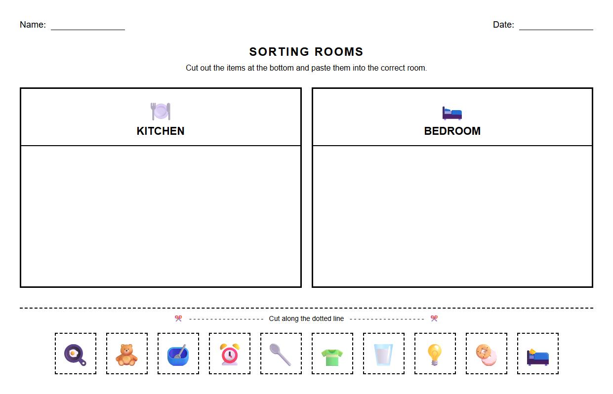 Categorization Kitchen vs Bedroom Items Worksheet