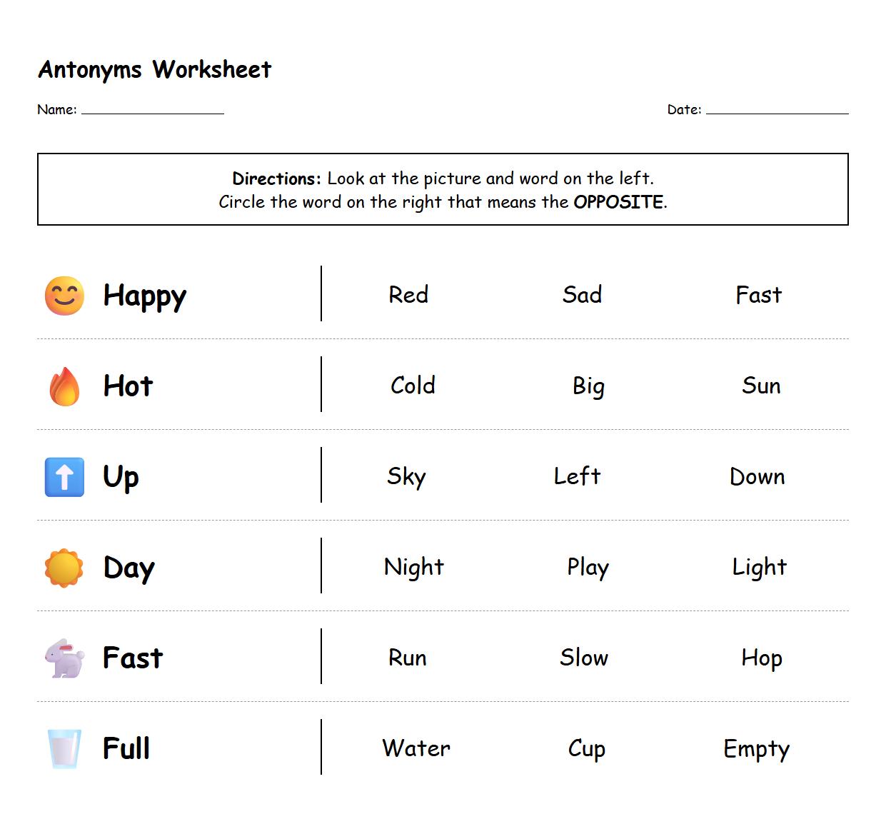 Circle the Correct Antonym Word