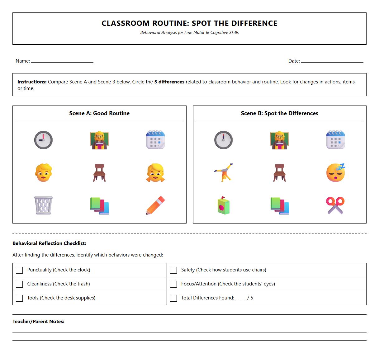 Classroom Routine Spot the Difference Worksheet for Behavioral Analysis