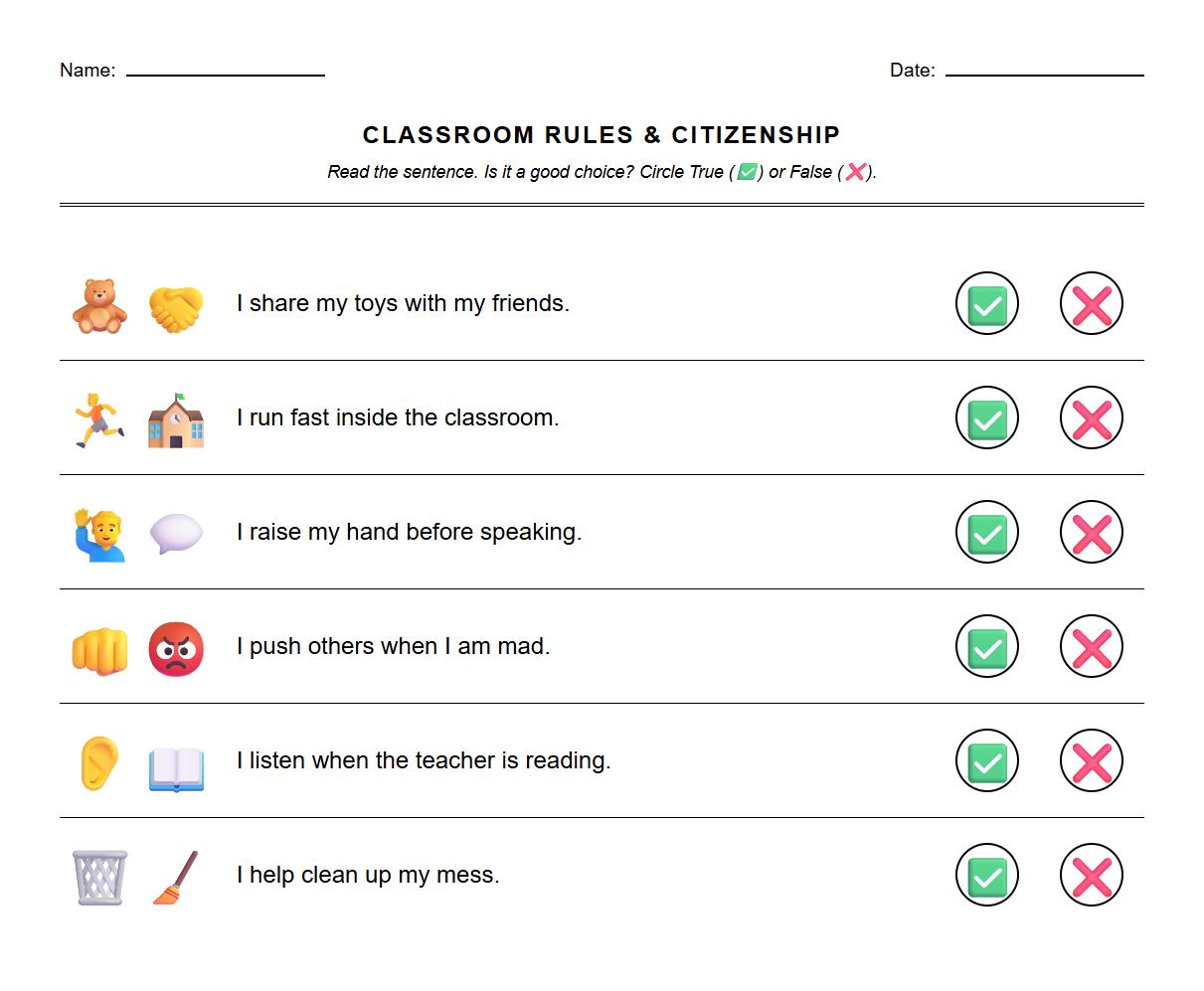 Classroom Rules and Citizenship True or False Semantic Worksheet