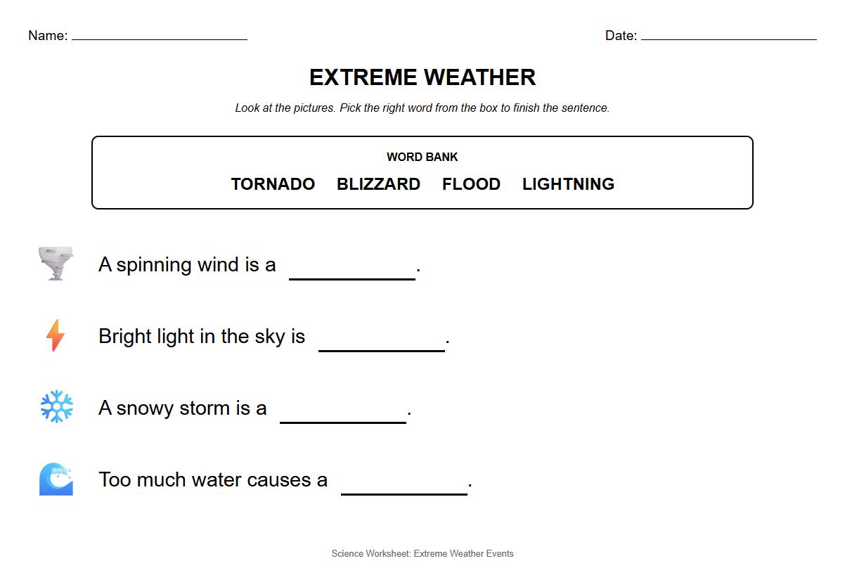 Cloze Reading Worksheet Featuring Extreme Weather Events