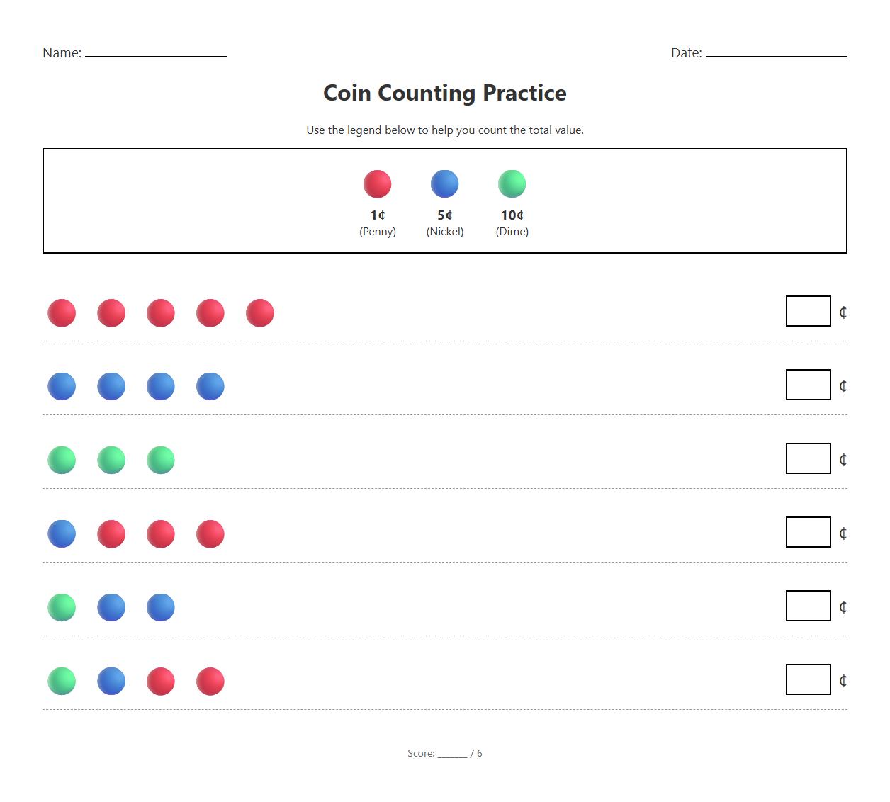 Coin Counting Practice Sheet incorporating basic addition and skip counting
