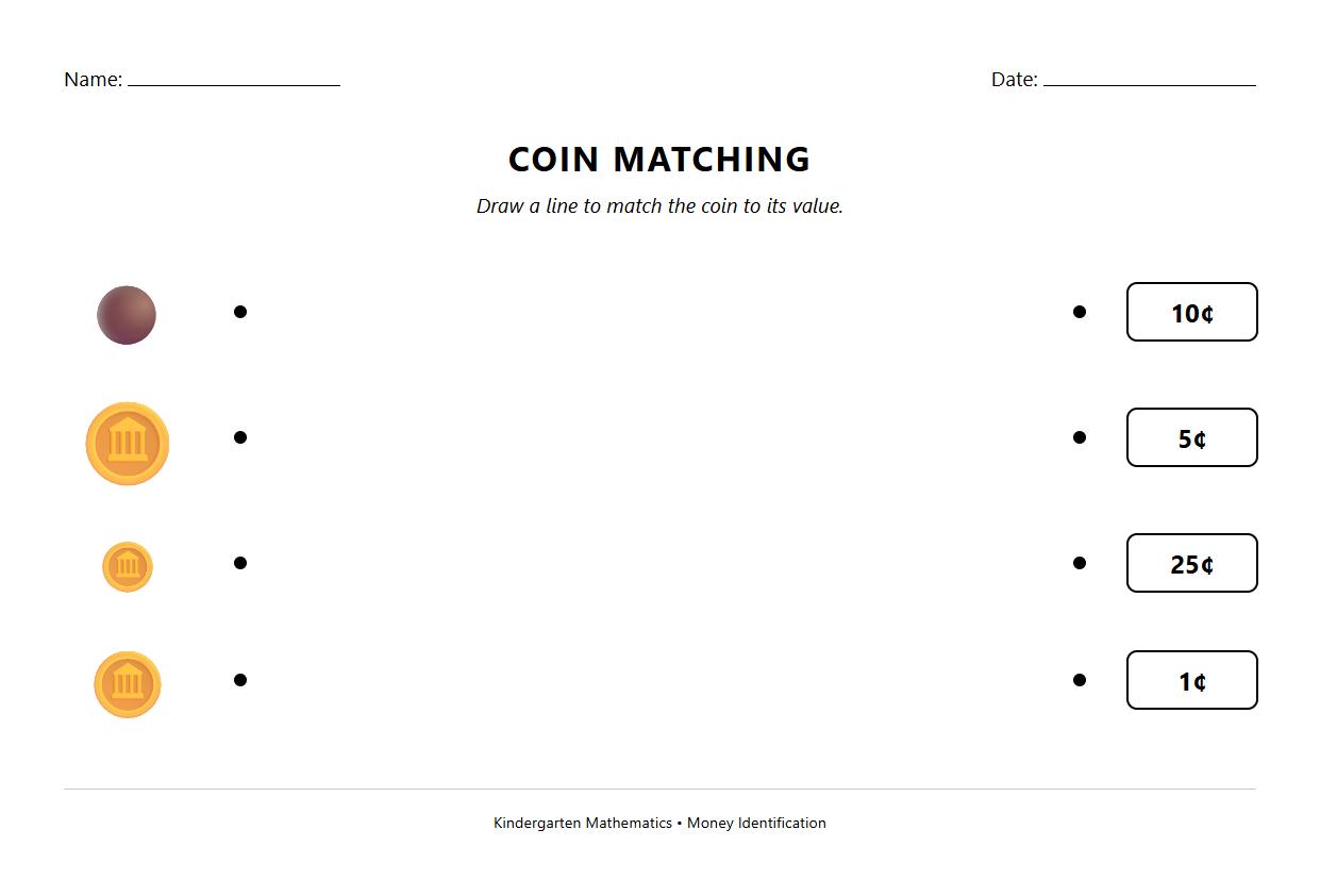 Coin Identification Worksheet with Picture Matching