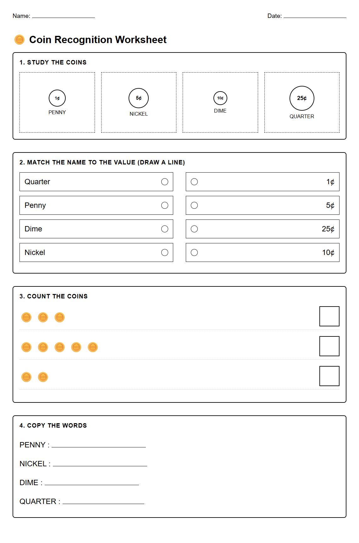 Coin recognition worksheet for identifying pennies nickels dimes and quarters