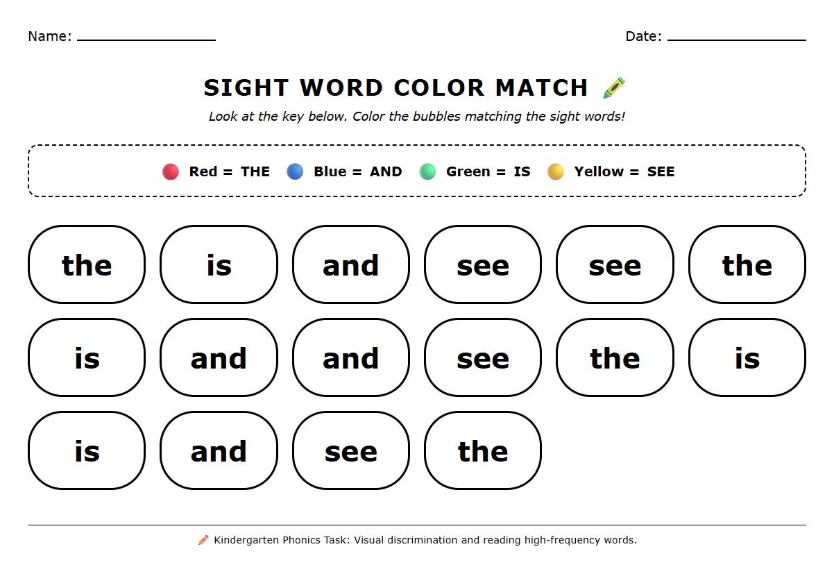 Color Coded Sight Words Matching Phonics Task