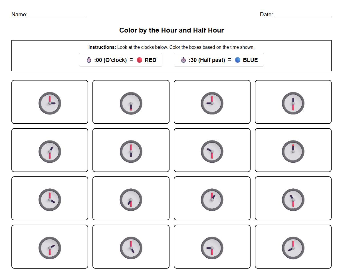 Color by the Hour and Half Hour Clock Worksheet