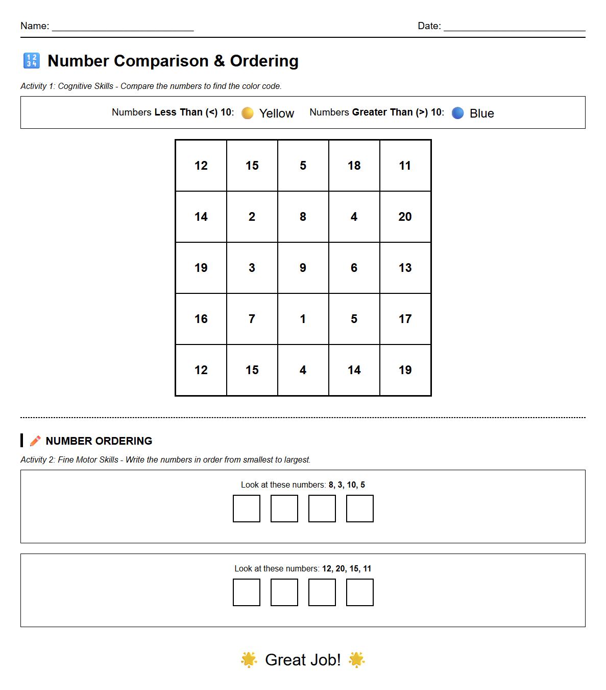 Color by Number for Number Comparison and Ordering