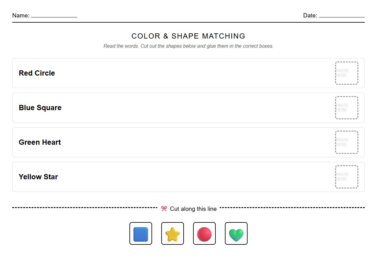 Color and Shape Puzzle Matching Activity Sheet
