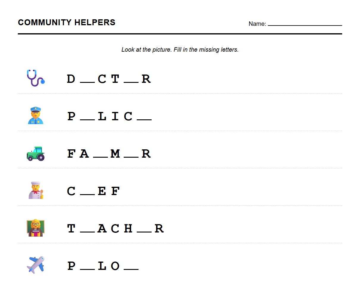 Community Helpers Fill in the Missing Letters Worksheet