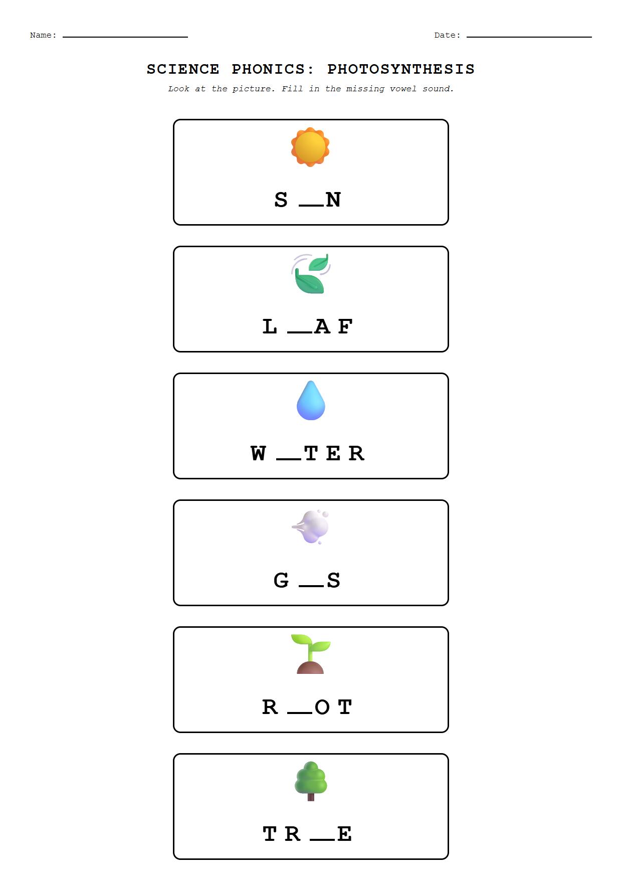 Complete the Word: Phonics-Based Worksheet on Photosynthesis Stage