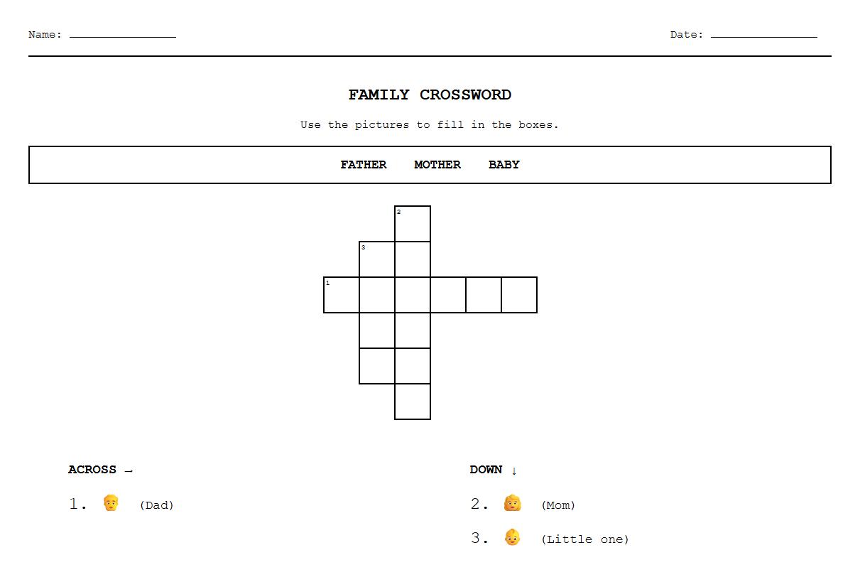 Crossword Puzzle Using Family Member Vocabulary