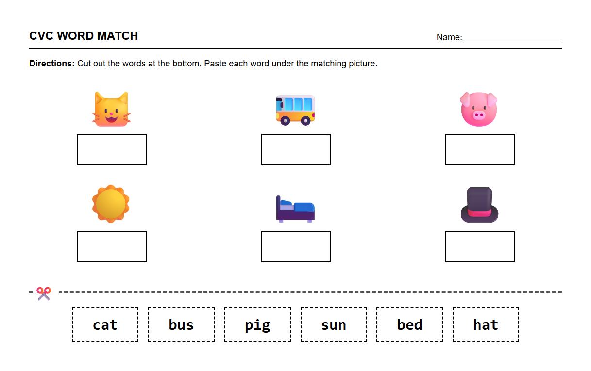 Cut and Paste CVC Words to Pictures Phonics Task