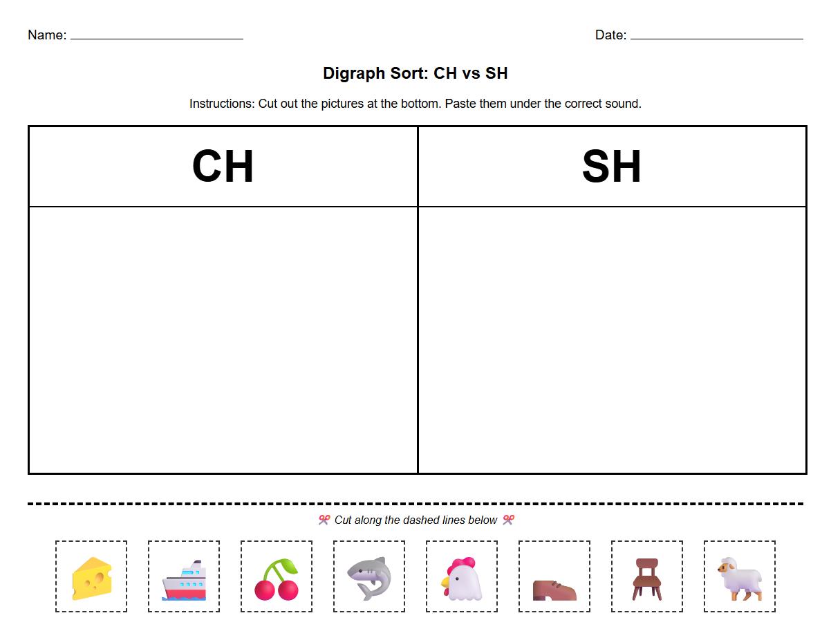 Cut and Paste Digraphs Activity Worksheet