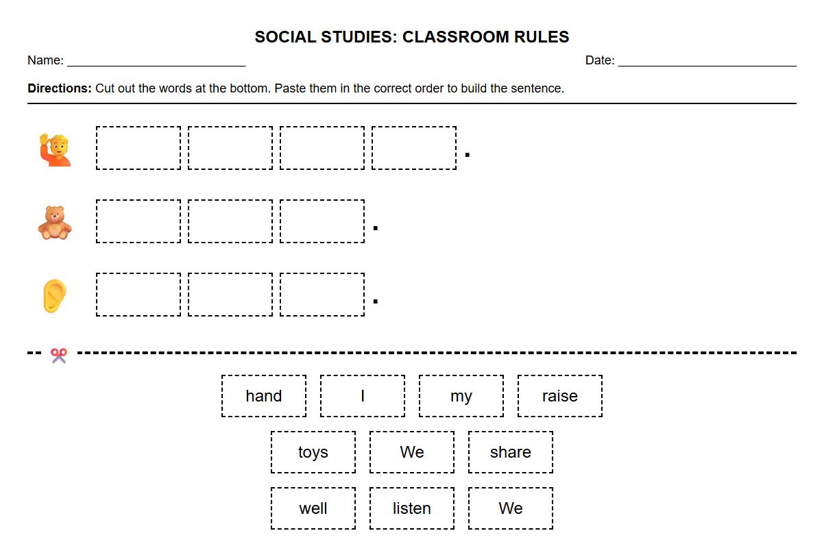Cut and Paste Sentence Building Worksheet using Classroom Rules Vocabulary