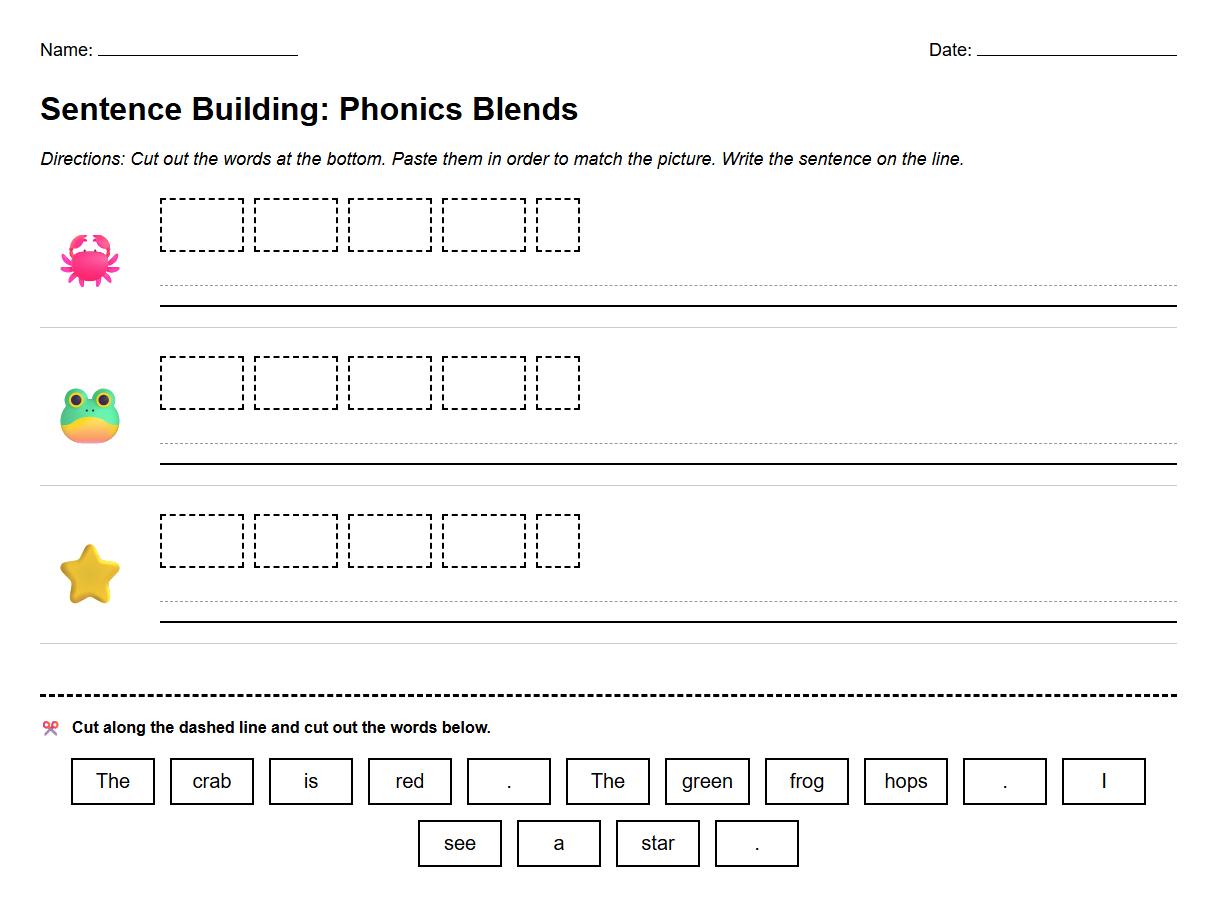 Cut and Paste Sentence Building Worksheets for Phonics Blends