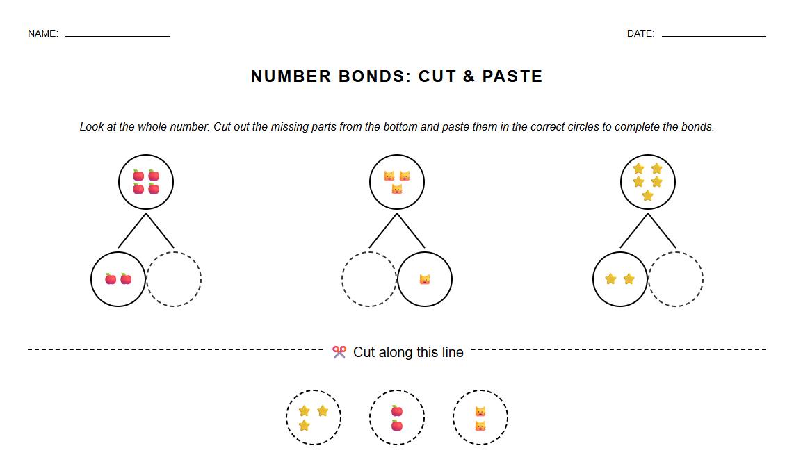 Cut and paste sets for completing number bonds