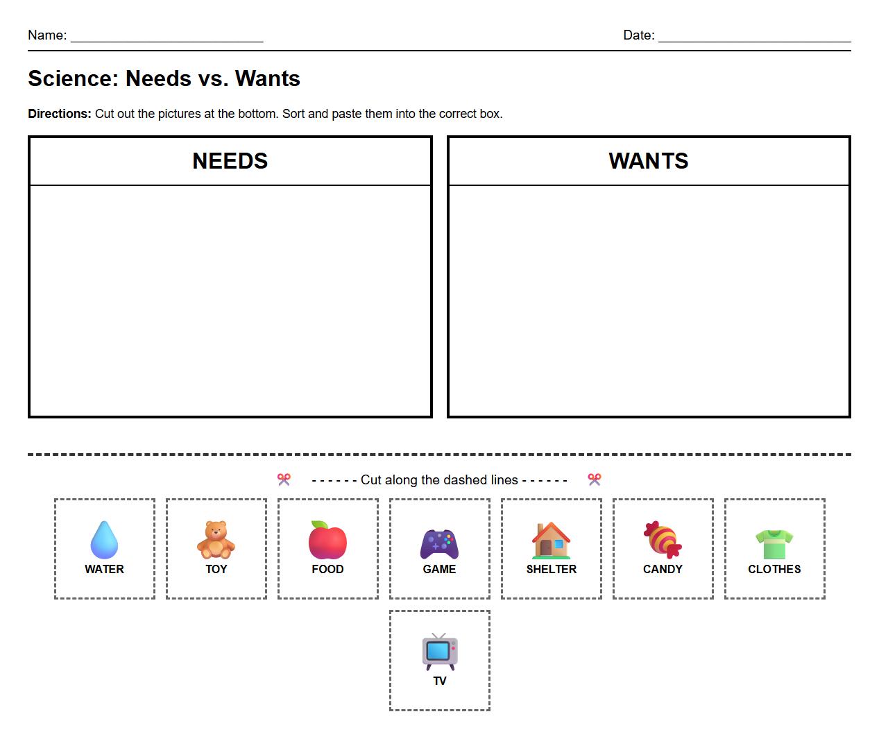 Cut and Paste Sorting Needs Versus Wants Worksheet