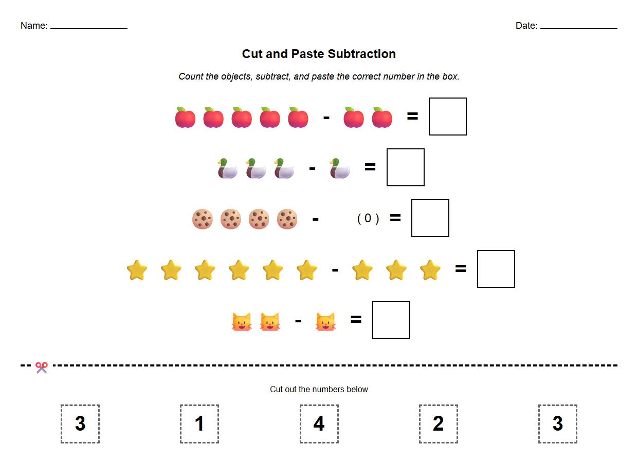 Cut and Paste Subtraction with Real Objects Worksheet