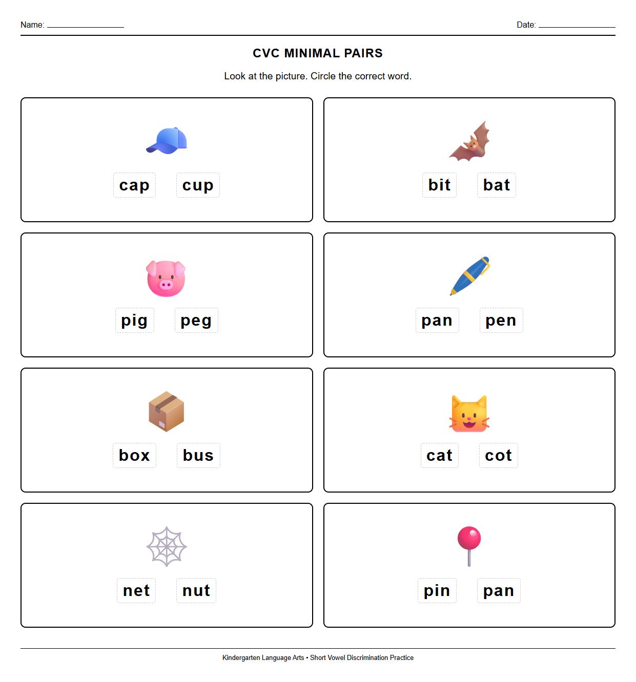 CVC Short Vowel Minimal Pairs Discrimination Exercise