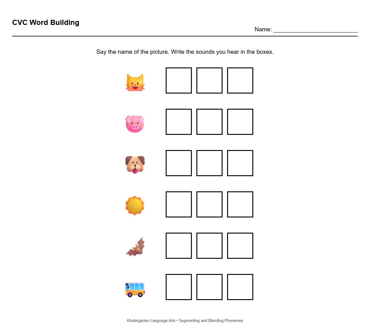 CVC word building activity sheet for segmenting and blending phonemes