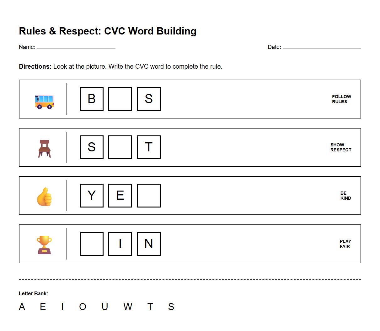 CVC word building worksheet focusing on rules and respect