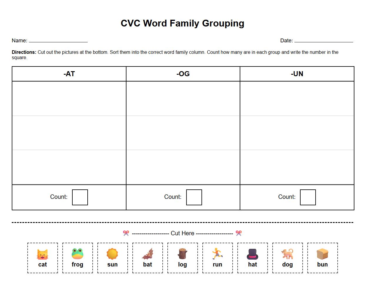 CVC Word Family Grouping Worksheet