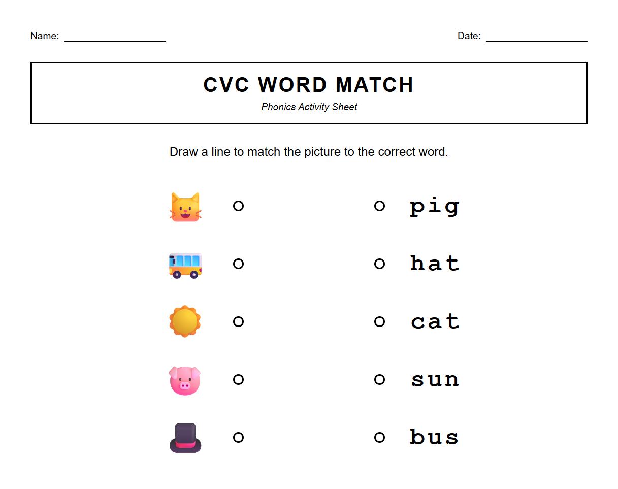 CVC Word Matching Phonics Activity Sheet