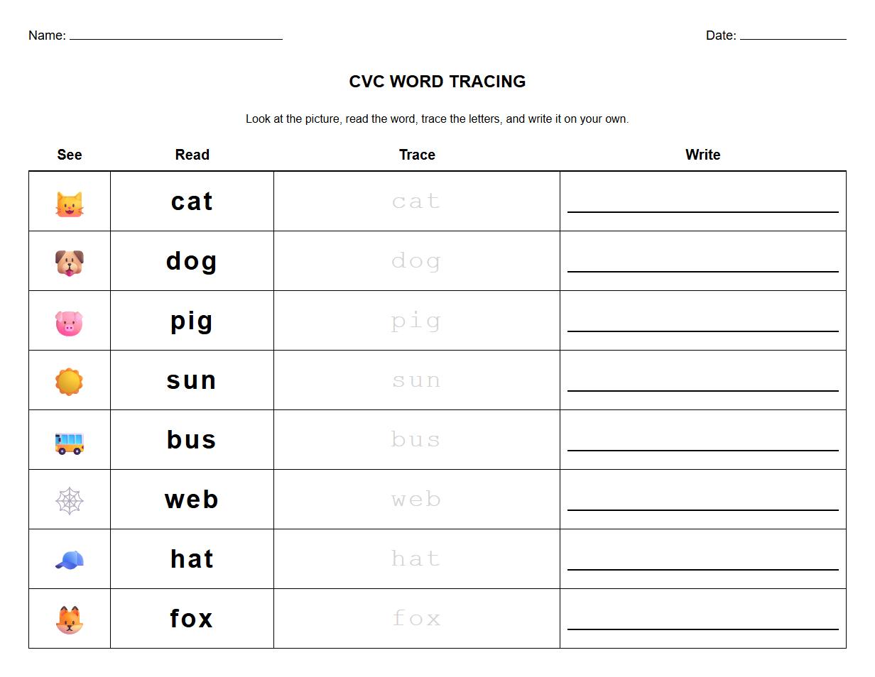 CVC Word Tracing for Handwriting and Phonics Practice