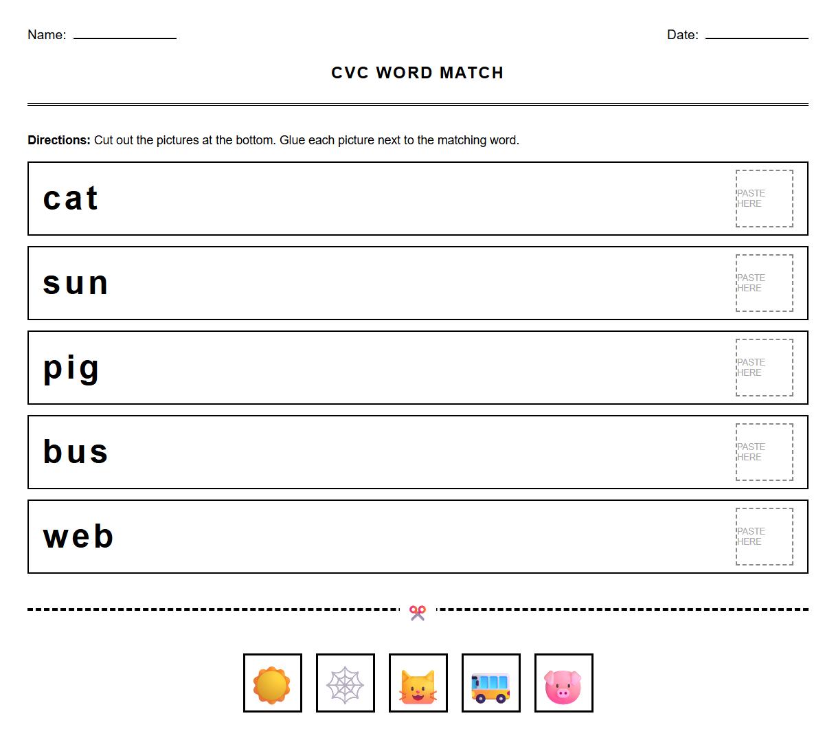 CVC Words Cut and Paste Sound Matching Activity