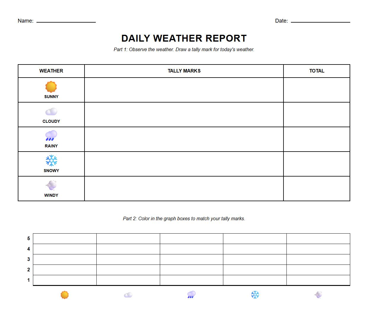 Daily Weather Graphing Tally Worksheet for Kindergarten Math