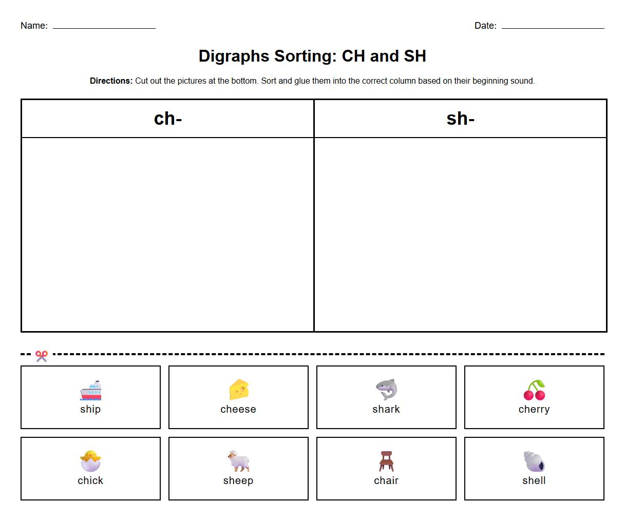 Digraphs Sorting Phonics Practice Page