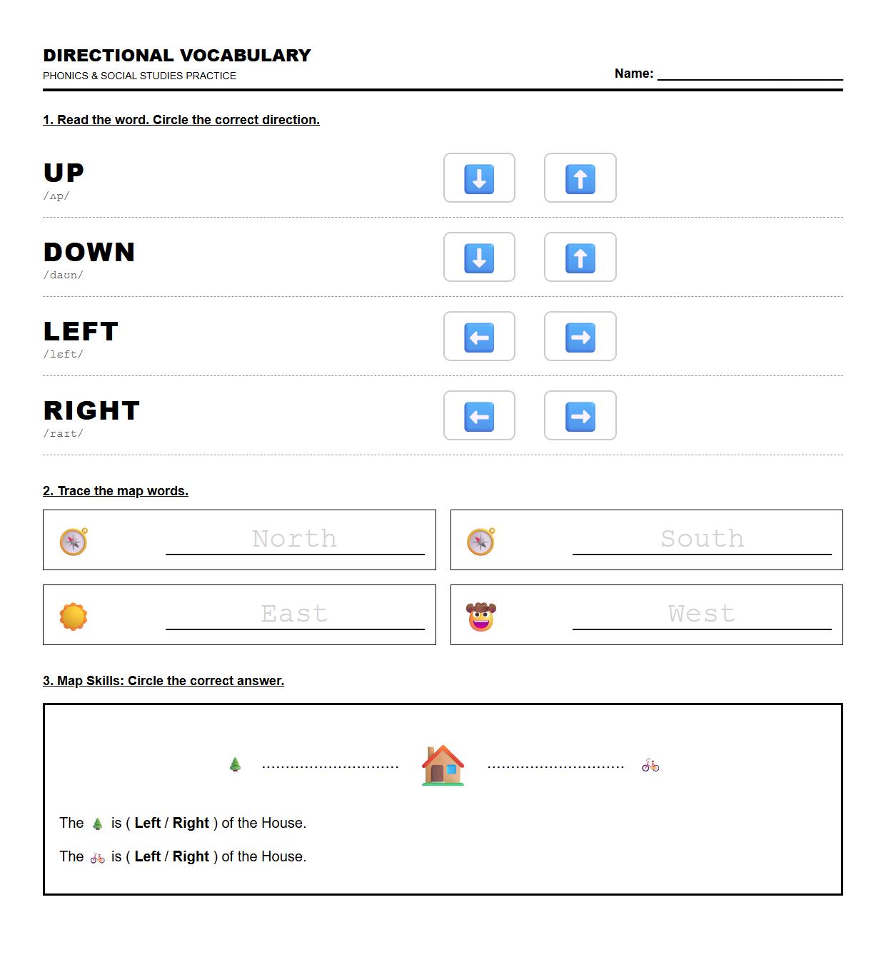 Directional Vocabulary Phonics Practice Worksheet