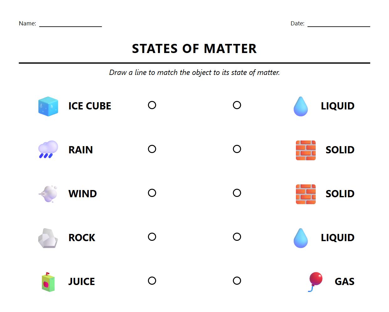 Draw Lines to Match Objects with State of Matter