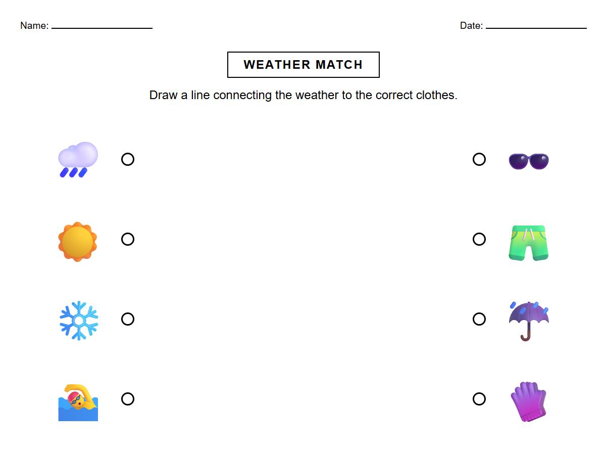Draw Lines Worksheet Matching Weather Symbols to Attire