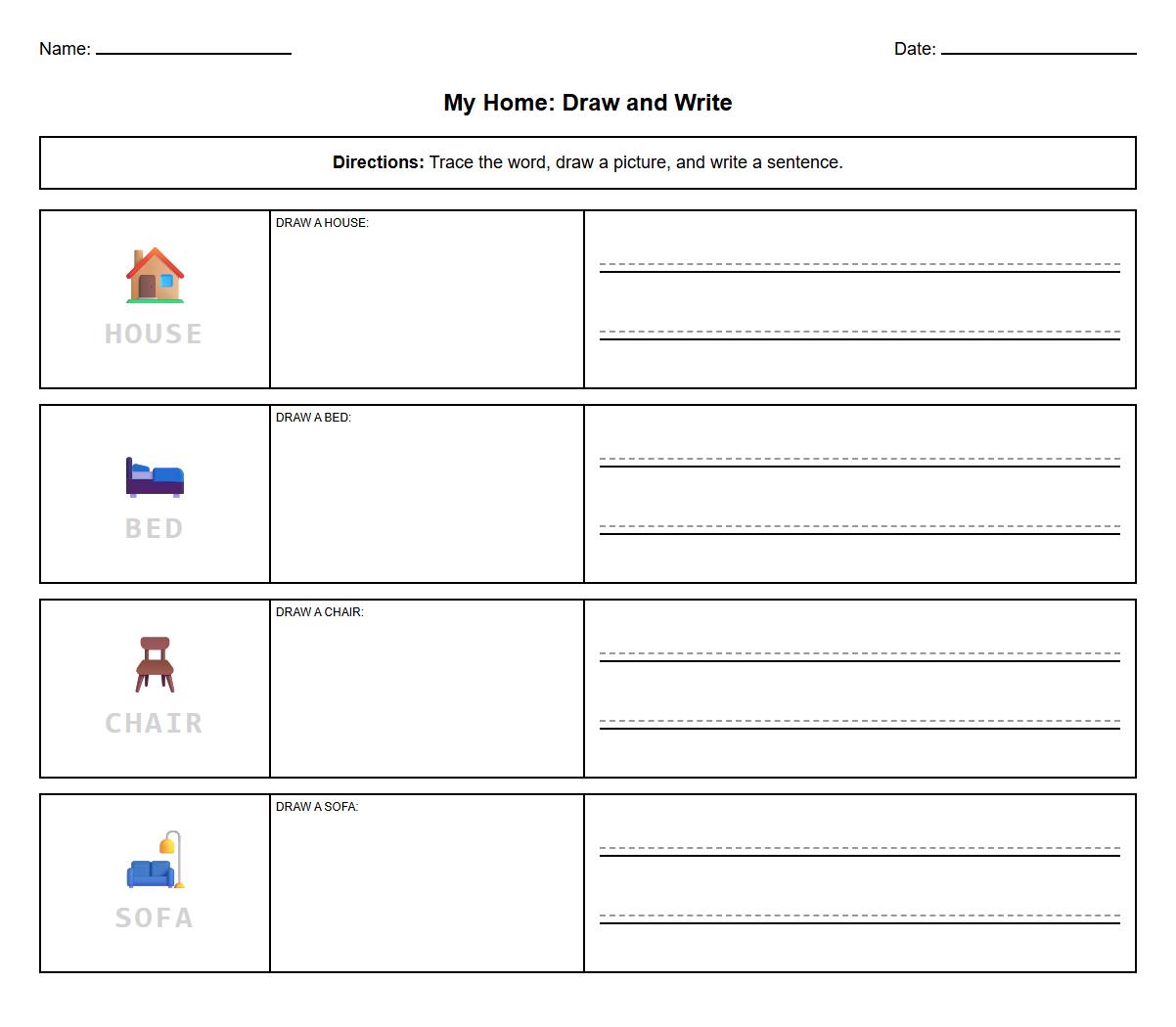 Draw and Write Sentence Building with Home Vocabulary