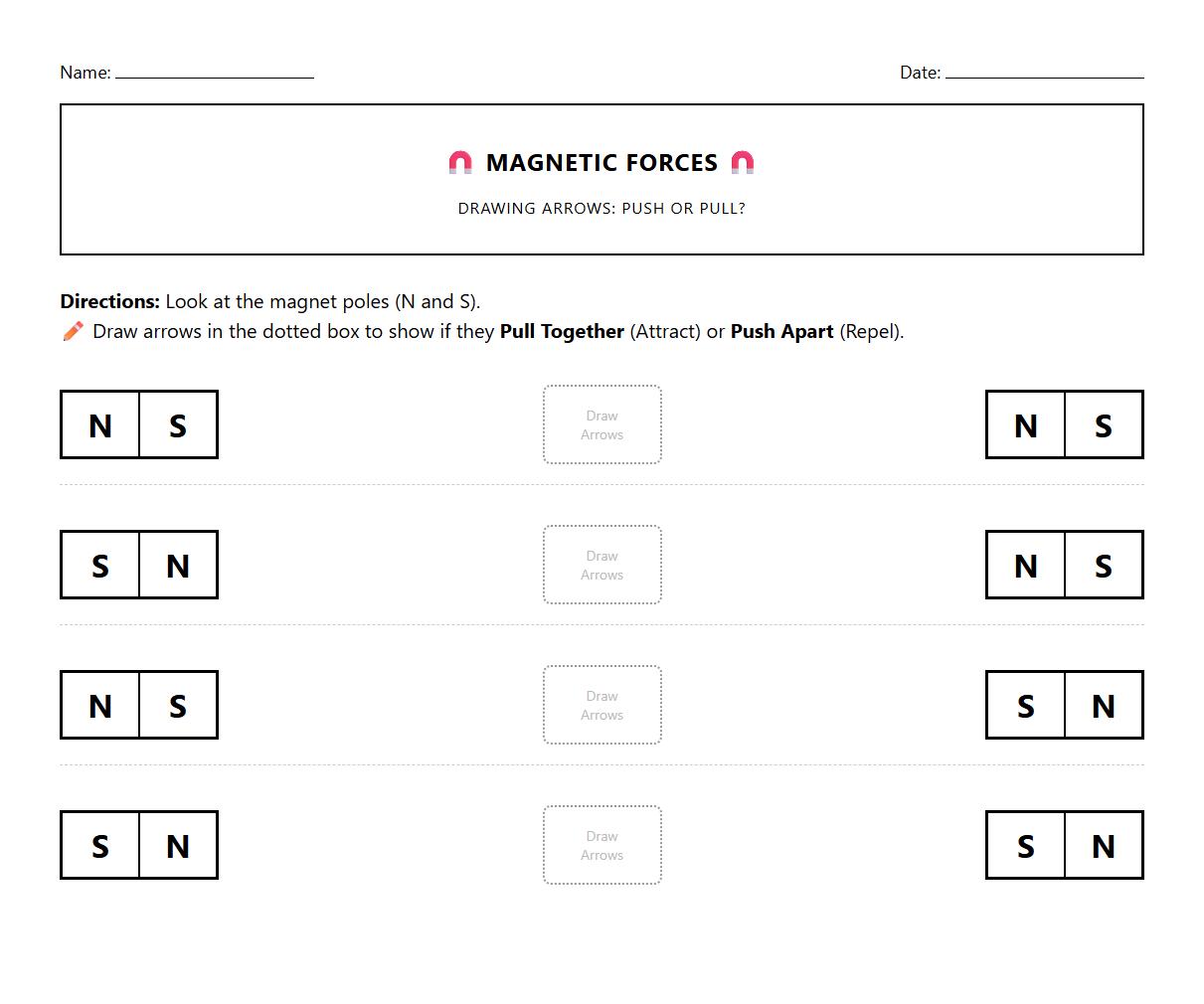Drawing Arrows for Magnetic Force Direction Worksheet