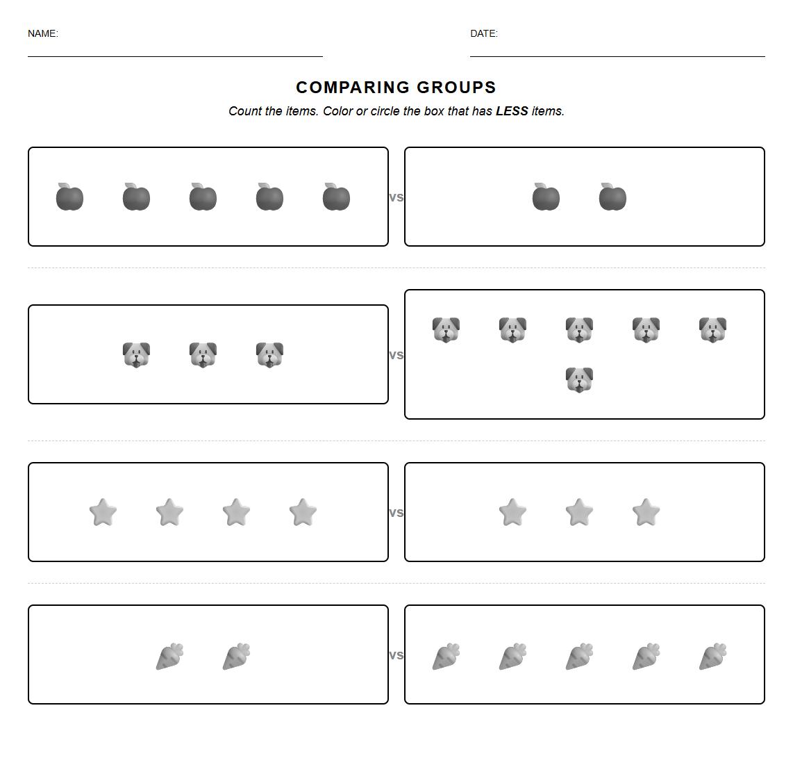 Early Learner Phonics Worksheet Color the Group with Less