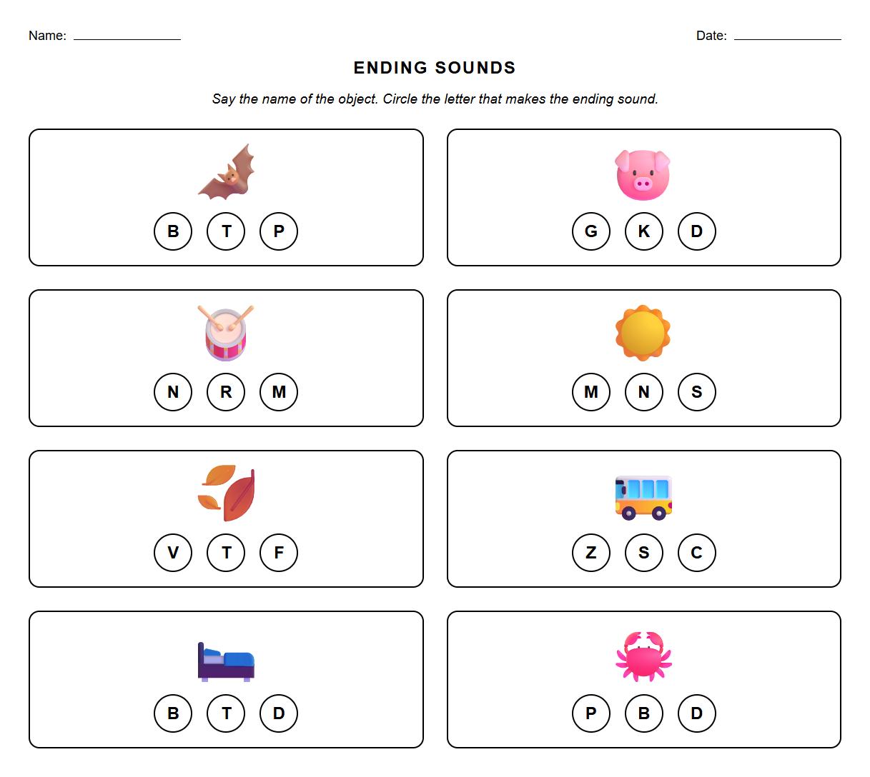 Ending Sound Association Worksheets