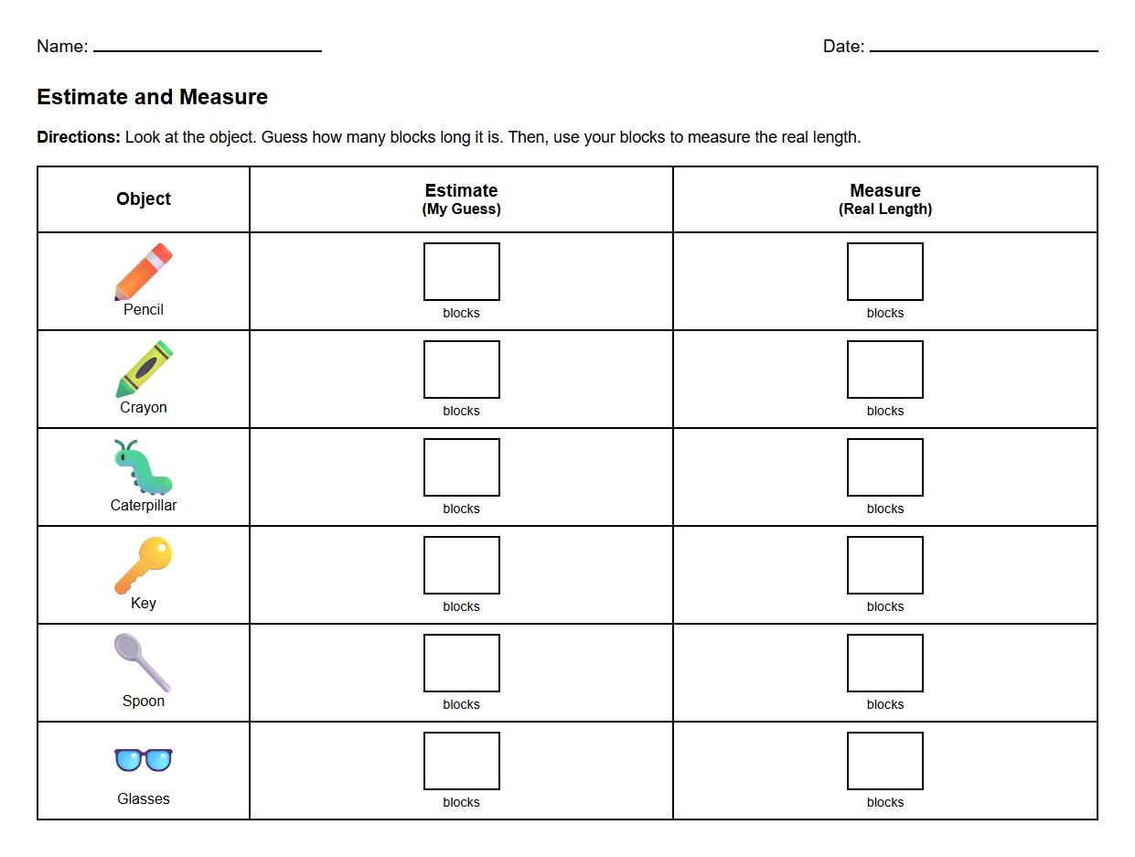 Estimate and Record Length Measurement Skills Activity Sheet