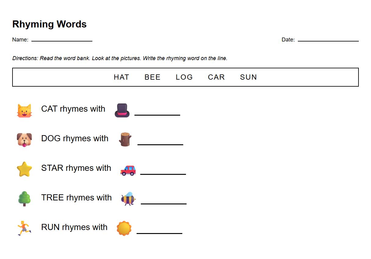 Fill in the Blank Rhyming Words Worksheet for Phonemic Recognition