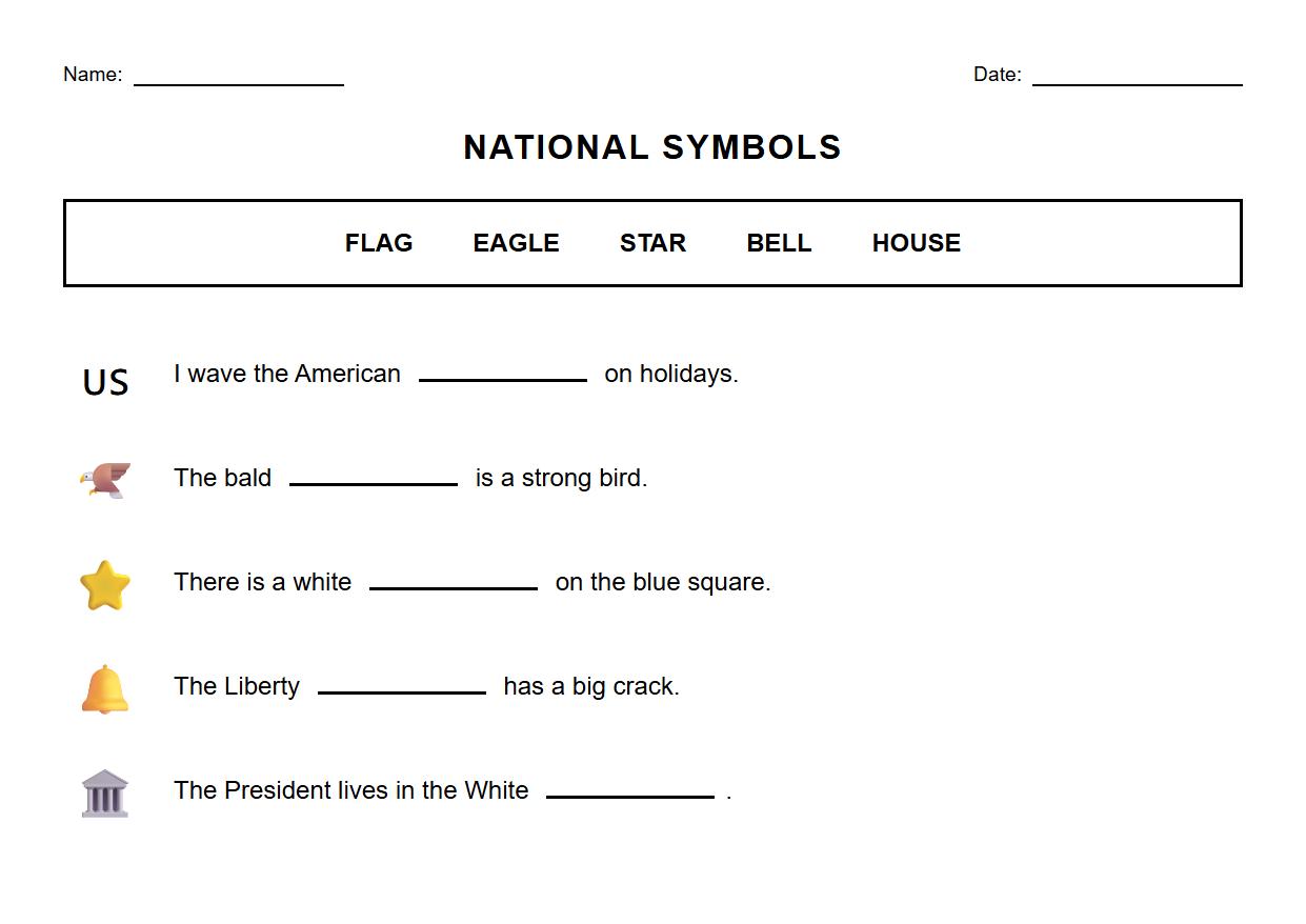 Fill in the Blank Worksheet Using National Symbols and Patriotic Vocabulary