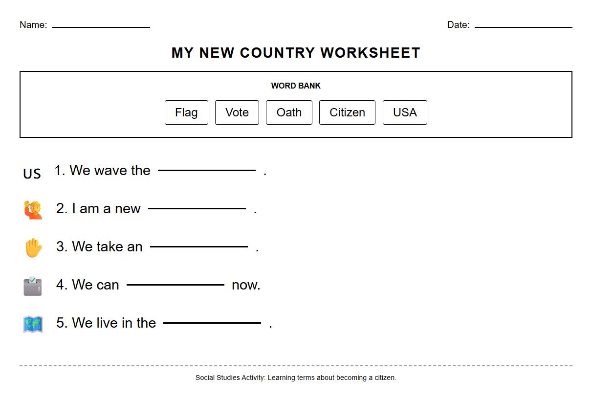 Fill in the Blank Worksheet Using Naturalization Process Terms