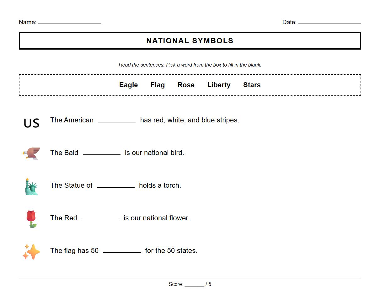 Fill in the Blanks National Symbols Reading Comprehension Worksheet